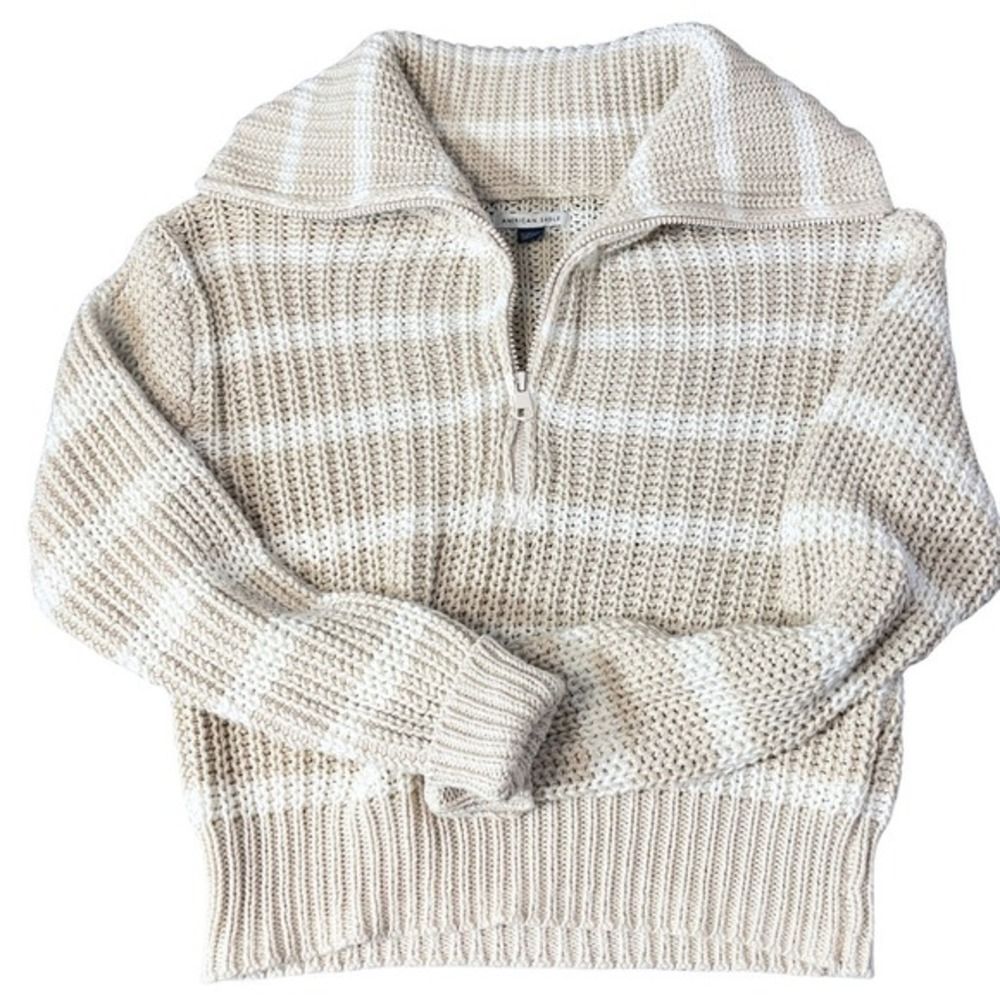 American Eagle Cropped Sweater Womens XS Coastal Cream Stripe‎ Rib Knit Nautical